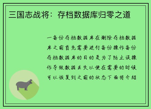 三国志战将：存档数据库归零之道